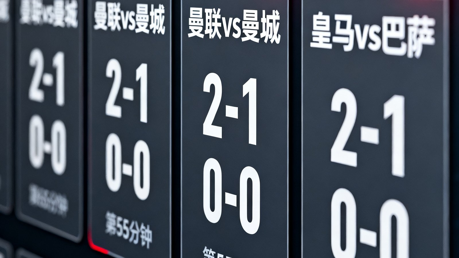 足球吧实时比分数据面板特写：多场比赛比分卡片并列展示，红色闪烁标记表示进球刚发生，每张卡片清晰标注联赛名称、对阵双方、当前比分和比赛进行时间